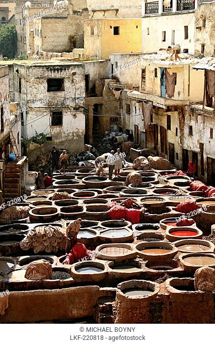 People at a tannery at Chouwara district at the medina of Fes, Morocco, Africa