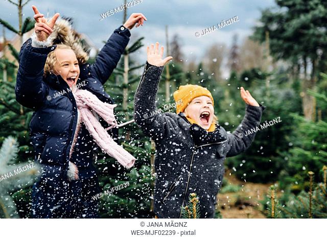 Brother and sister having fun with snow before Christmas