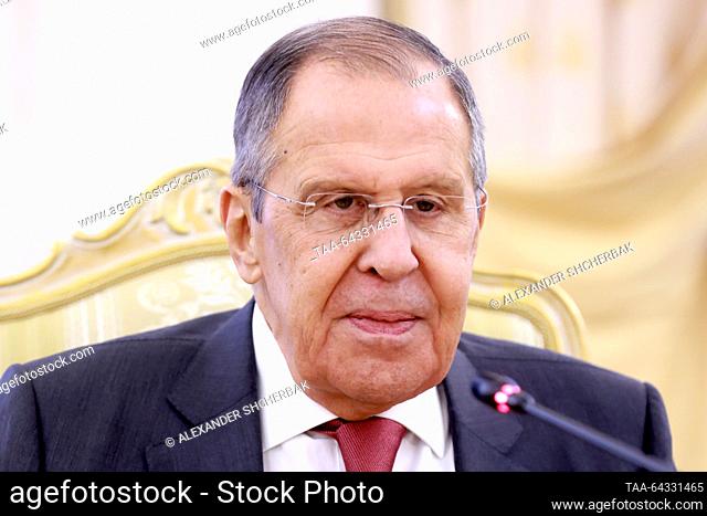RUSSIA, MOSCOW - NOVEMBER 3, 2023: Russia's Foreign Minister Sergei Lavrov during a meeting with his Kuwaiti counterpart Sheikh Salem Abdullah Al-Jaber Al-Sabah...