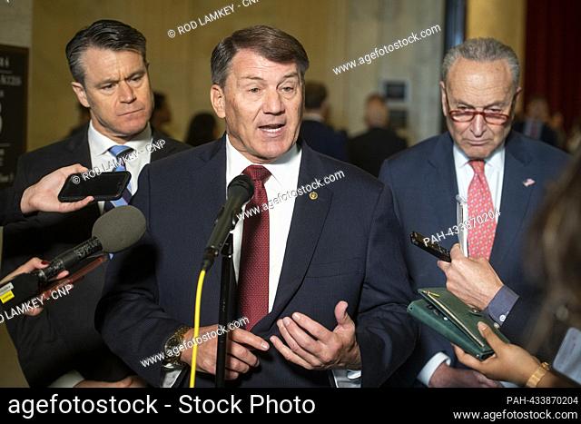 United States Senator Mike Rounds (Republican of South Dakota), center, is joined by United States Senator Todd Young (Republican of Indiana), left