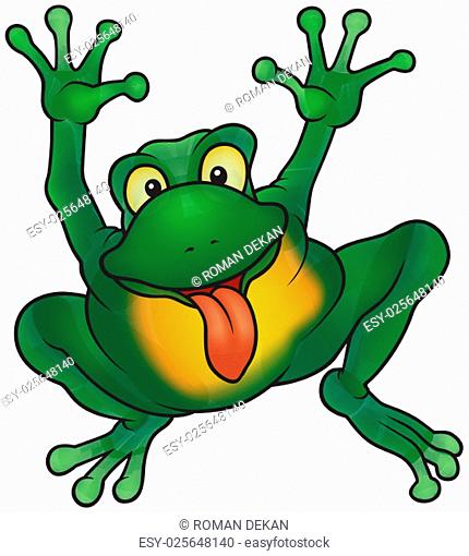 Happy Frog with Hands Up And Sticking His Tongue Out - Colored Cartoon Illustration, Vector