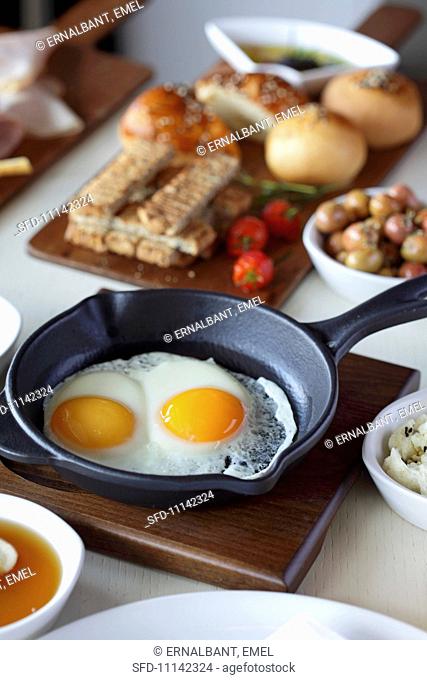 Turkish breakfast with fried eggs