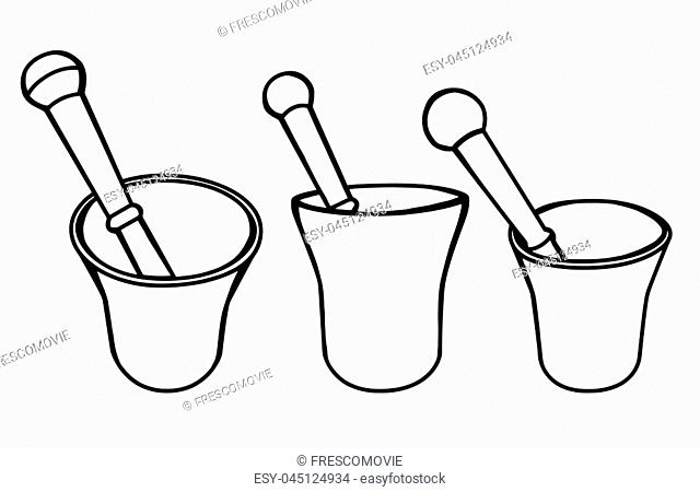 Set ofHand drawn mortar and pestle vector illustration. Simple outline drawing of kitchen or pharmacy equipment. Grinding herbs and spices