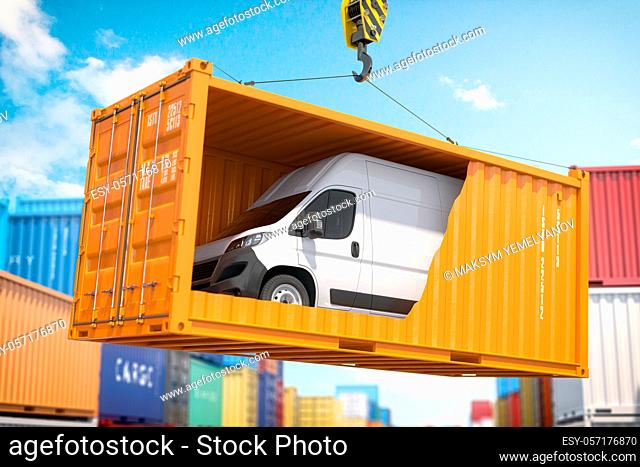 Car import export, transportation, shipment and delivery concept. Van inside of conteiner loading by crane. 3d illustration