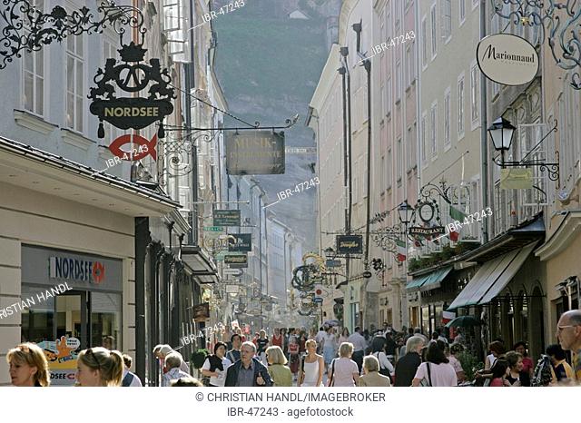 The famous shopping street Getreidegasse in the town of Salzburg Austria