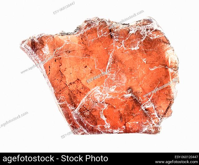closeup of sample of natural mineral from geological collection - brown muscovite mica isolated on white background