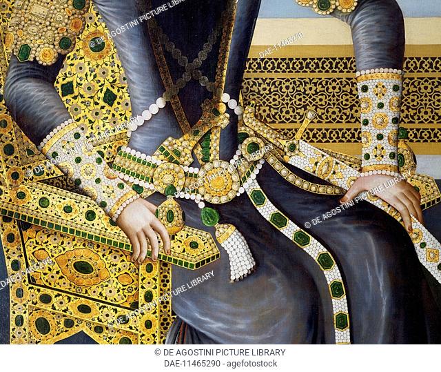 Portrait of Fath Ali Shah, 19th century, painting by an unknown artist, Detail from the throne, the dagger and the belt. 19th century, Persia, Iran