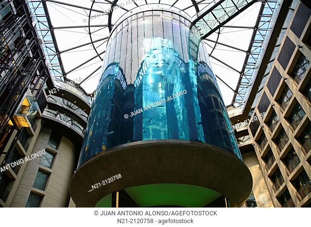 The AquaDom, the largest cylindrical aquarium in the world. It is located in the lobby of the Radisson Blu Hotel in Berlin-Mitte