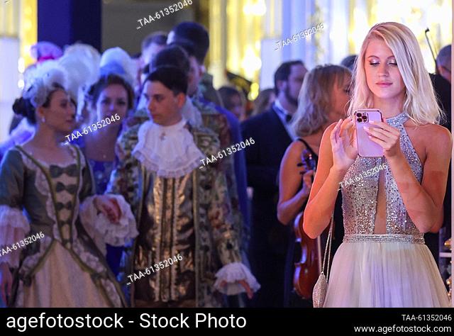 RUSSIA, ST PETERSBURG - AUGUST 25, 2023: Guests attend the 1st Petrovsky Ball at the Catherine Palace at the Tsarskoye Selo museum reserve