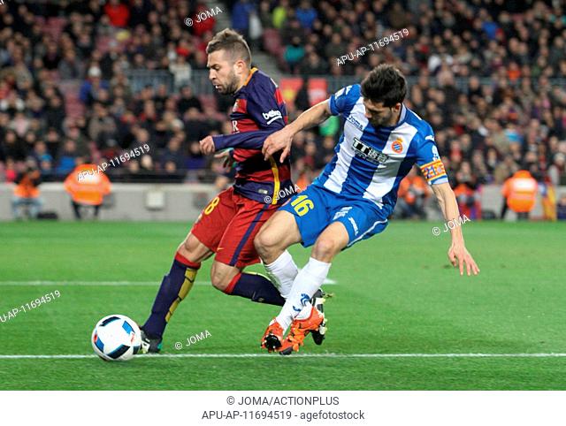 2016 Spanish Cup FC Barcelona v RCD Espanyol Jan 6th. 06.01.2016 Barcelona. Spanish Cup football round of 8. Jordi Alba in action against López Rodríguez during...
