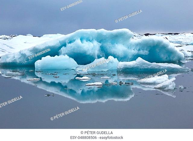 Glacial lake in Jokulsarlon, Iceland, icebergs floating in the pristine water