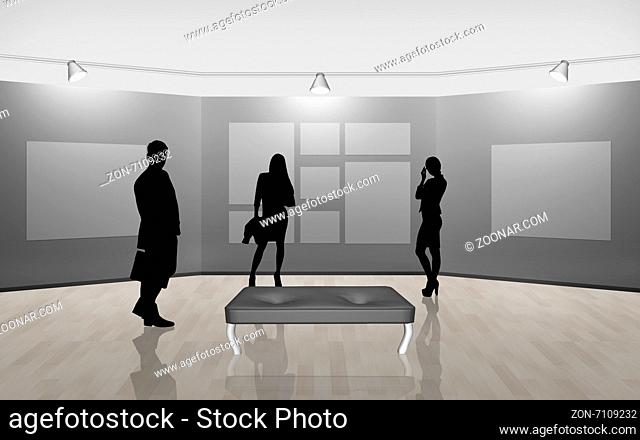 Business people walking on gallery art on grey background