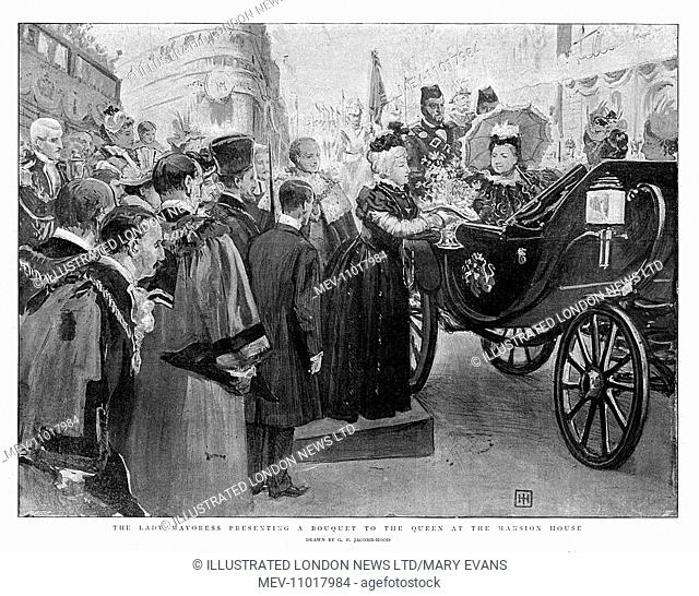 Lady Mayoress presenting a bouquet to Queen Victoria at the Mansion House during the Jubilee Celebrations on 20 June 1897