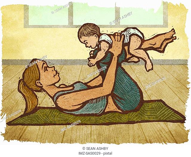 A mother and baby doing yoga