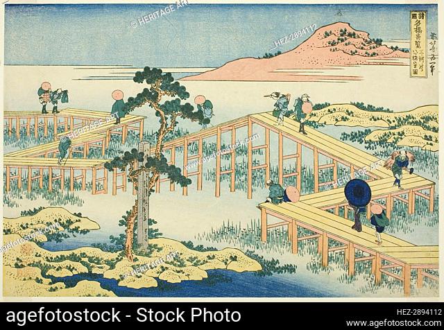 Ancient View of the Eight-planked Bridge in Mikawa Province (Mikawa no Yatsuhashi.., c. 1833/34. Creator: Hokusai