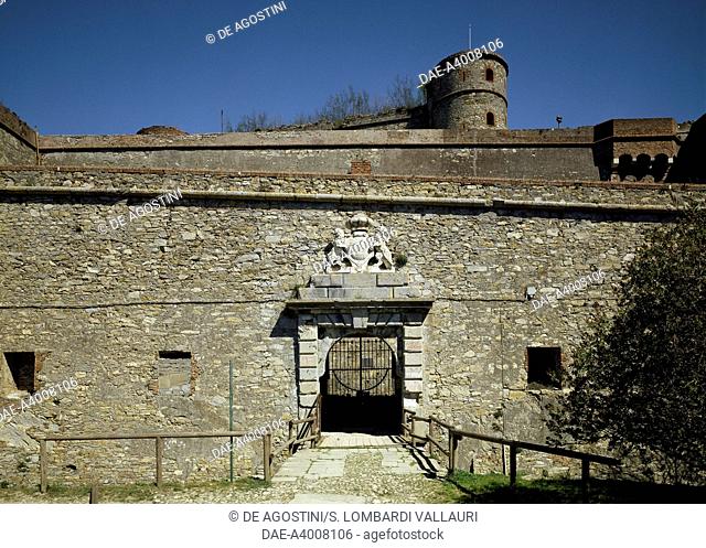 Entrance and drawbridge of Fort Sperone, Monte Peralto, Genoa, Liguria, Italy