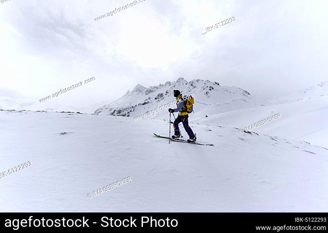 Ski tourers in the snow in fog, behind gorge peaks, Wattentaler Lizum, Tux Alps, Tyrol, Austria, Europe