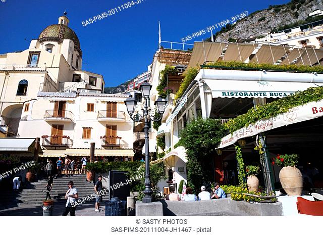 Restaurant near a church, Amalfi, Province Of Salerno, Gulf Of Salerno, Tyrrhenian Sea, Campania, Italy
