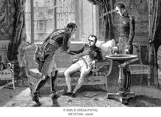 Napoleon delivers as a souvenir to Marshal MacDonald the saber of Murad-Bey. 1814. Antique illustration. 1890