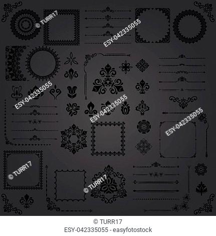 Vintage set of vector horizontal, square and round dark elements. Different elements for backgrounds, frames and monograms. Classic patterns