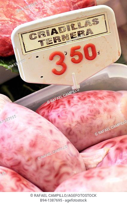 Raw bovine testicles in La Boqueria market, Barcelona. Catalonia, Spain