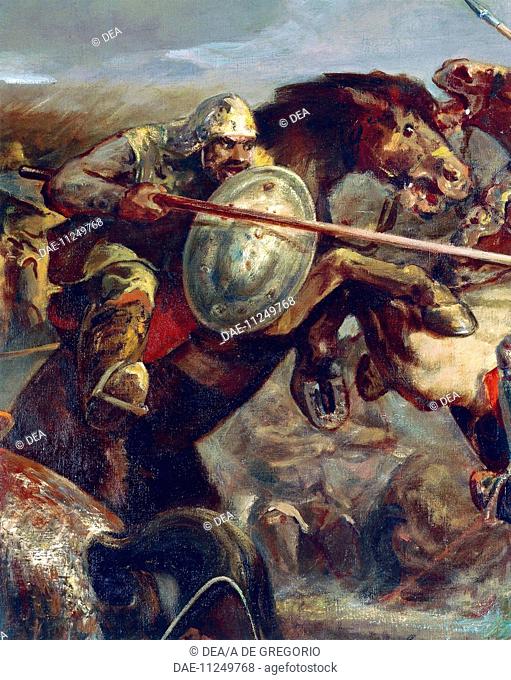 The Battle of Adrianople, the Bulgarians under Tsar John II Kalojan, defeating the Crusader army of Baldwin I, emperor of Constantinople, April 14, 1205