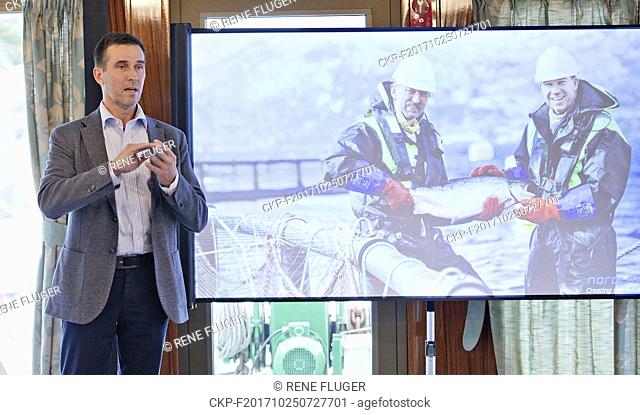 Petter Tidemand-Johannessen, founder and Managing Director of Noble Harvest AS, speaks with journalists during a press conference regarding production of fish...