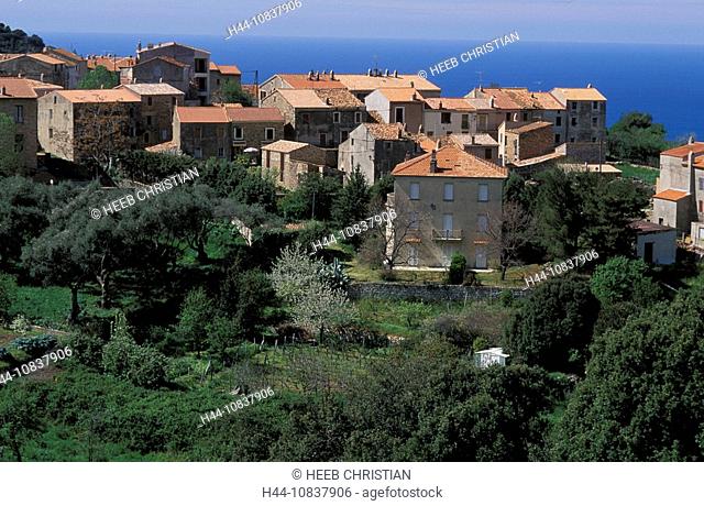 Corsica, Village of Piana, Mediterranean Sea, France, Europe, mountain, coast, sea, roofs, houses, gardens