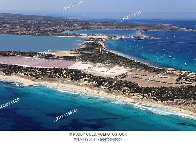 Ses Illetes area, Es Pujol des Palo in foreground, Ses Salines and Pudent lagoon on the left and Es Savina harbor and Es Peix lagoon on top, Formentera