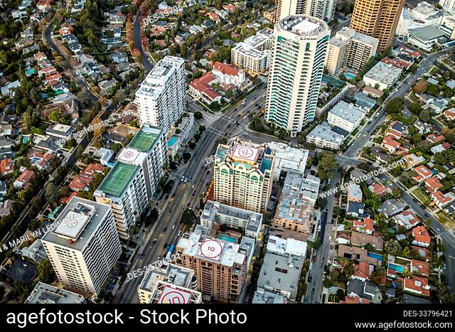Aerial view of Wilshire Boulevard in Los Angeles, California, USA; Los Angeles, California, United States of America