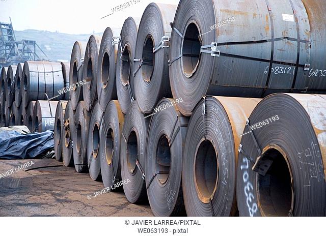 Steel sheet rolls, Port of Bilbao, Santurtzi. Biscay, Euskadi, Spain