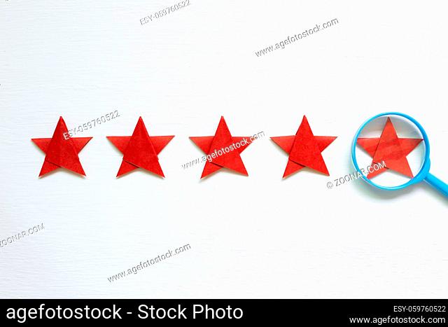 Five stars with magnifying glass on white background. Increase rating, excellent evaluation concept