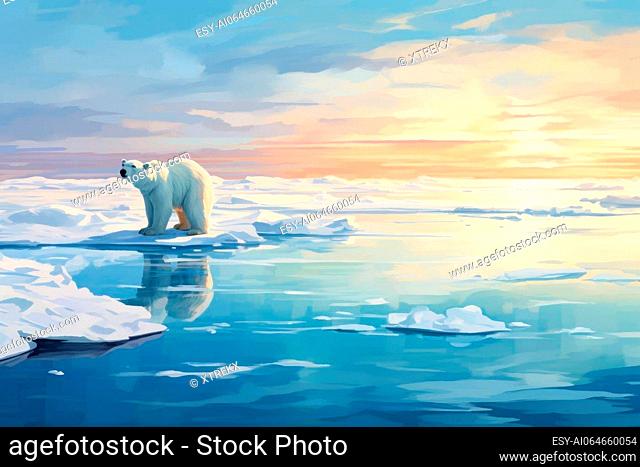 Polar bear on melting ice floe in arctic sea, digital ai