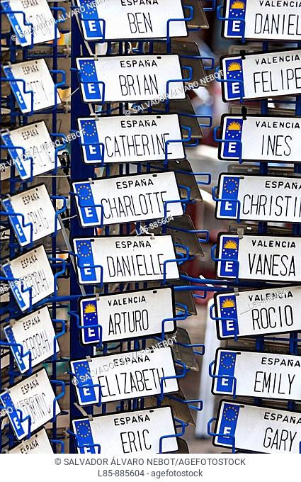 Souvenir license plates with names. Valencia. Spain