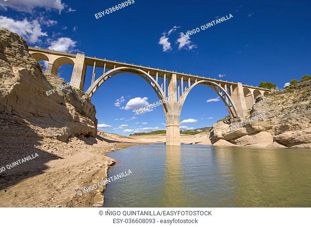 landscape of viaduct in Entrepenas reservoir, with extreme drought and low level water, in Guadalajara, Castile, Spain Europe