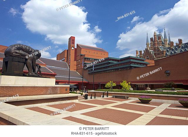 British Library Courtyard with statue of Isaac Newton, with St. Pancras Railway Station behind, Euston Road, London, England, United Kingdom, Europe