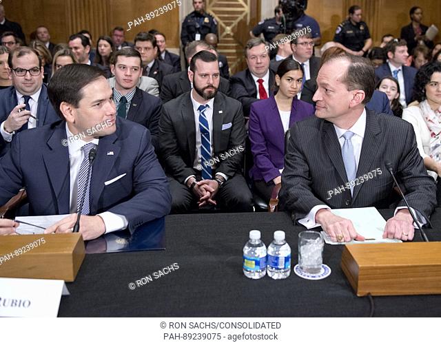 United States Senator Marco Rubio (Republican of Florida), left, and R. Alexander Acosta, Dean of Florida International University College of Law and US...