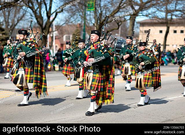 Chicago, Illinois, USA - March 11, 2018, The South Side Irish Parade is a cultural and religious celebration from Ireland in honor of Saint Patrick