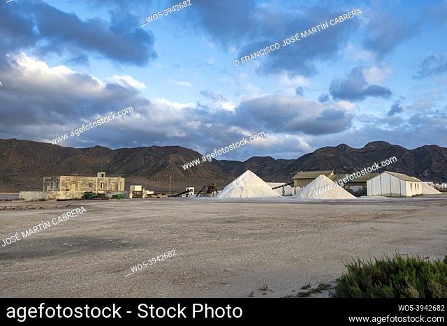 Salt mounds between mountains, future table salt, product extracted in Salinas de Cabo de Gata