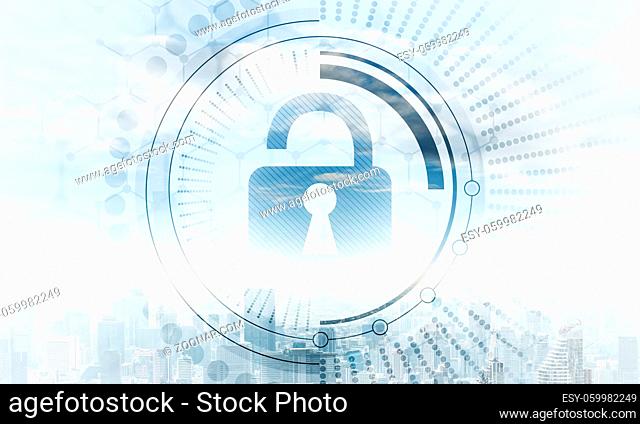 Cybersecurity mixed media with virtual locking padlock on cityscape background. Data privacy protection. Protect personal data and privacy from cyberattack