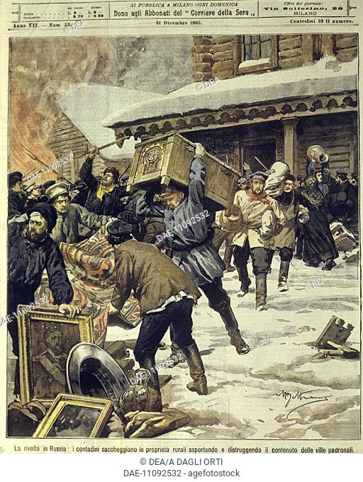 History, 20th century - Russian revolution, peasants sack rural areas stealing from country houses. Cover illustration from La Domenica del Corriere