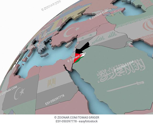 Jordan on political globe with embedded flags. 3D illustration