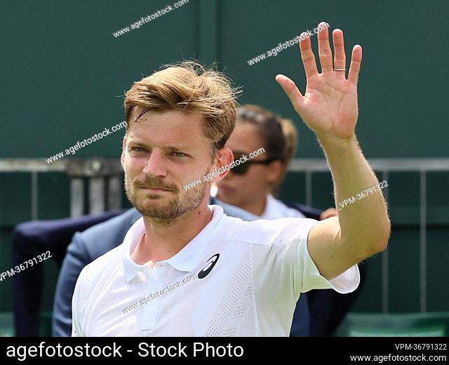 Belgian David Goffin celebrates after winning a tennis game against Argentinian Baez, in the second round game of the men's singles tournament at the 2022...