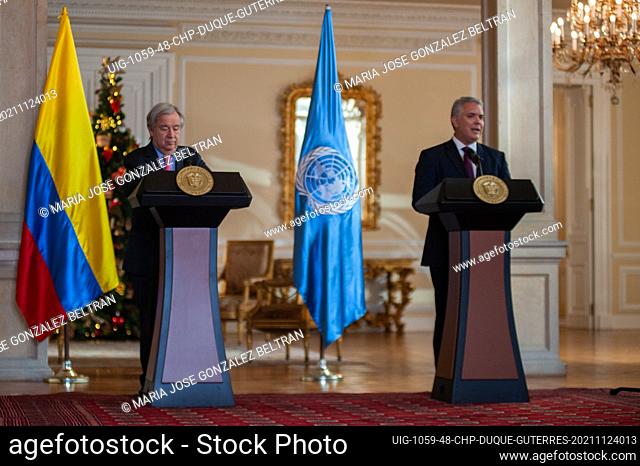 United Nations Secretary-General Antionio Guterres (left) and Colombia's president Ivan Duque give a press conference during the visit of the United Nations...