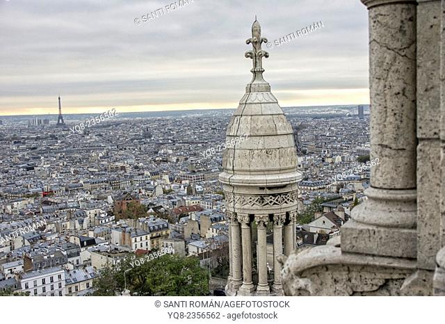 Paris skyline, view from Sacre Coeur basilica dome, , Detail of basilica Sacre Coeur under clouded sky, Montmartre, Paris, France, Europe