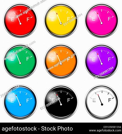 A fuel gauge sign button icon set isolated on white with clipping path 3d illustration