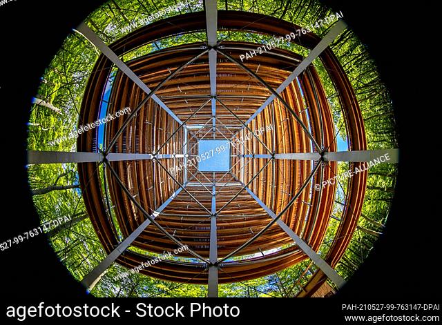 27 May 2021, Mecklenburg-Western Pomerania, Heringsdorf: View from the ground into the 33-meter-high wooden observation tower, which is located at the 1