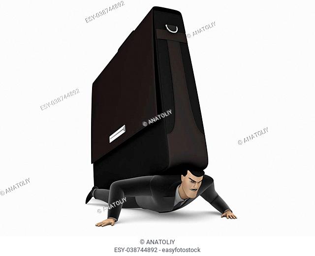 3D Businessman under a briefcase on a white background
