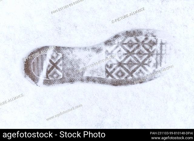 03 November 2023, Baden-Württemberg, Feldberg: An imprint of a shoe sole can be seen in the first snow on the Feldberg. The first snowflakes of this fall have...