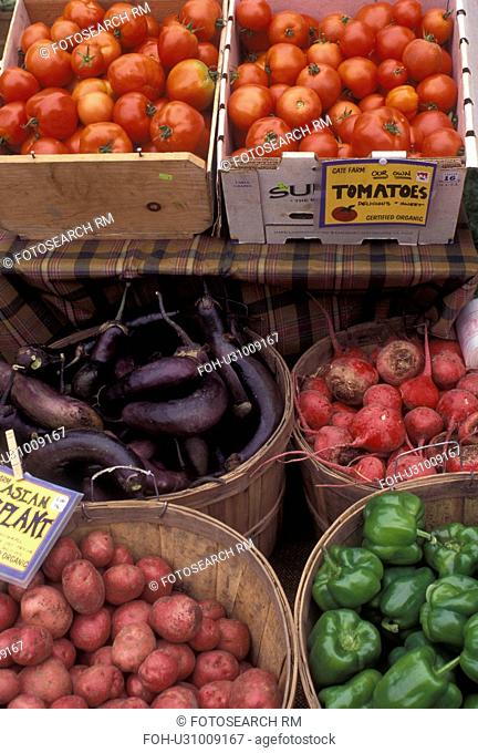 vegetable, outdoor market, produce, Vermont, VT, Fruit and vegetables displayed in baskets at the Saturday Farmers Market in Montpelier